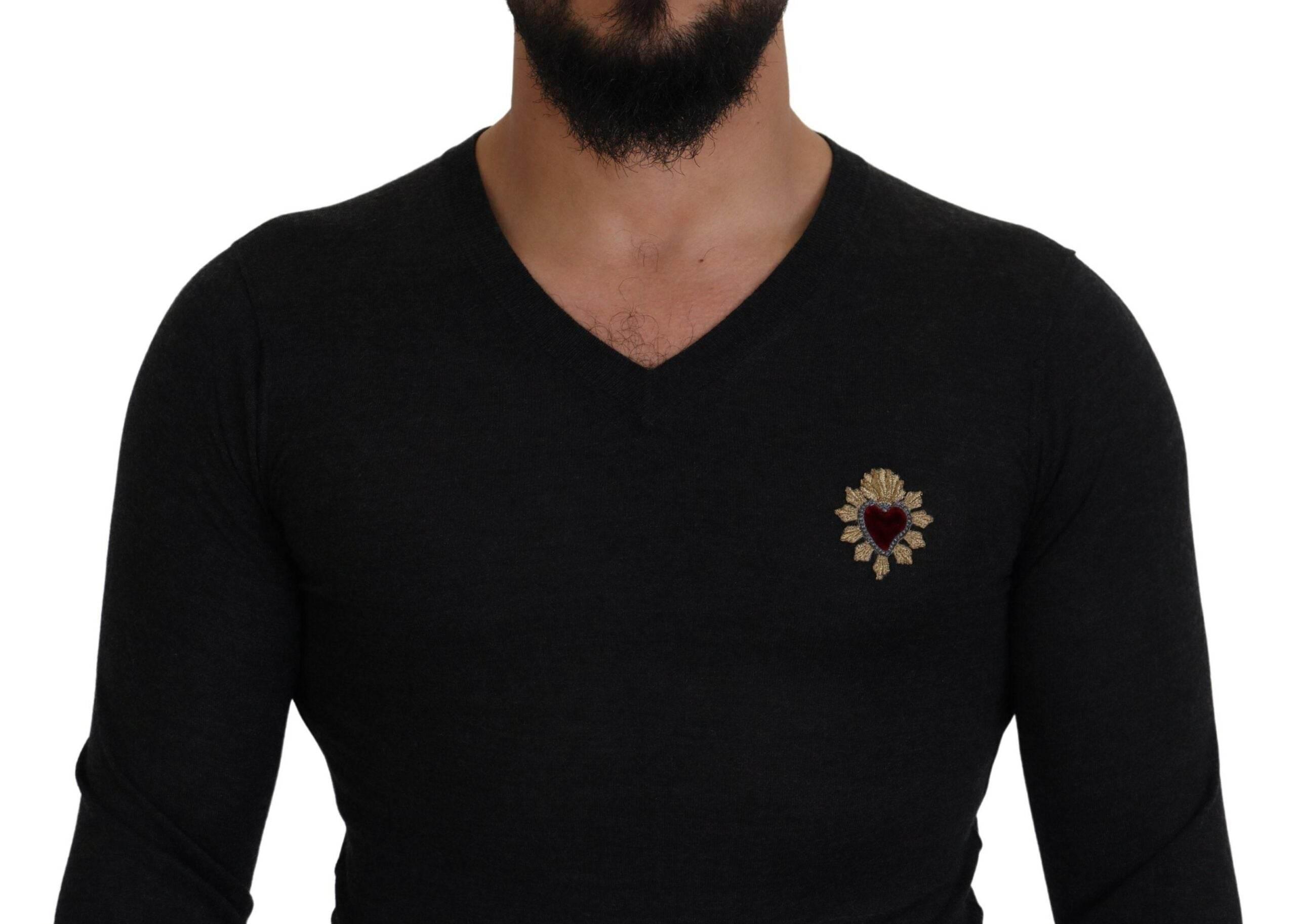 Dolce & Gabbana Gray Cashmere V-neck Gold Heart Sweater - Hilstor