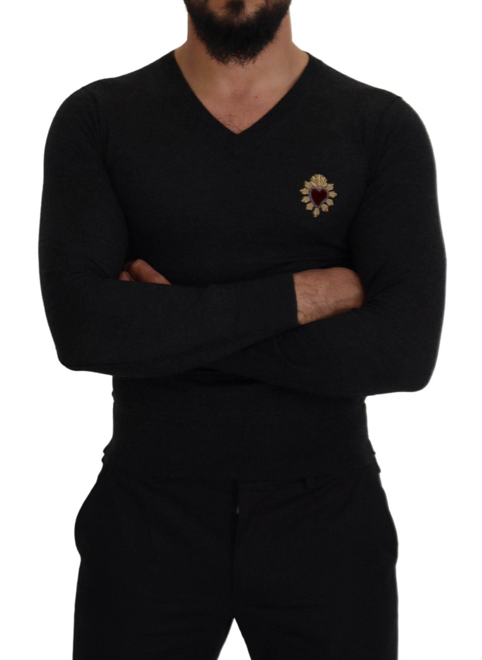 Dolce & Gabbana Gray Cashmere V-neck Gold Heart Sweater - Hilstor