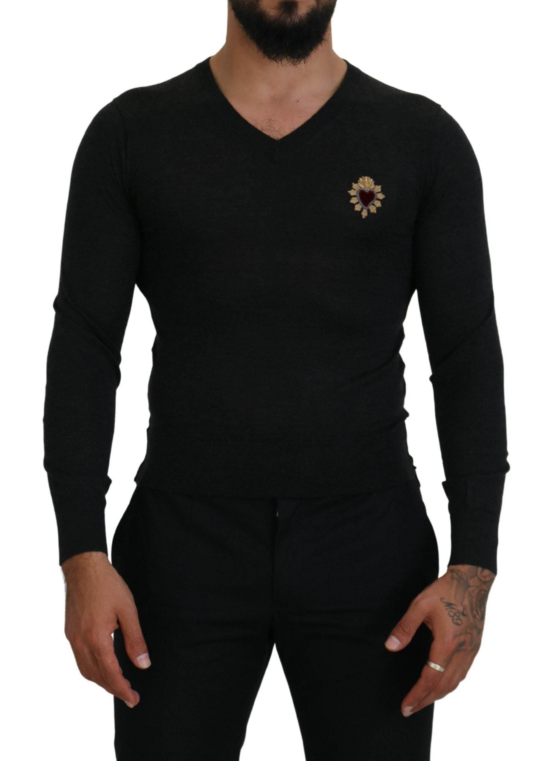 Dolce & Gabbana Gray Cashmere V-neck Gold Heart Sweater - Hilstor