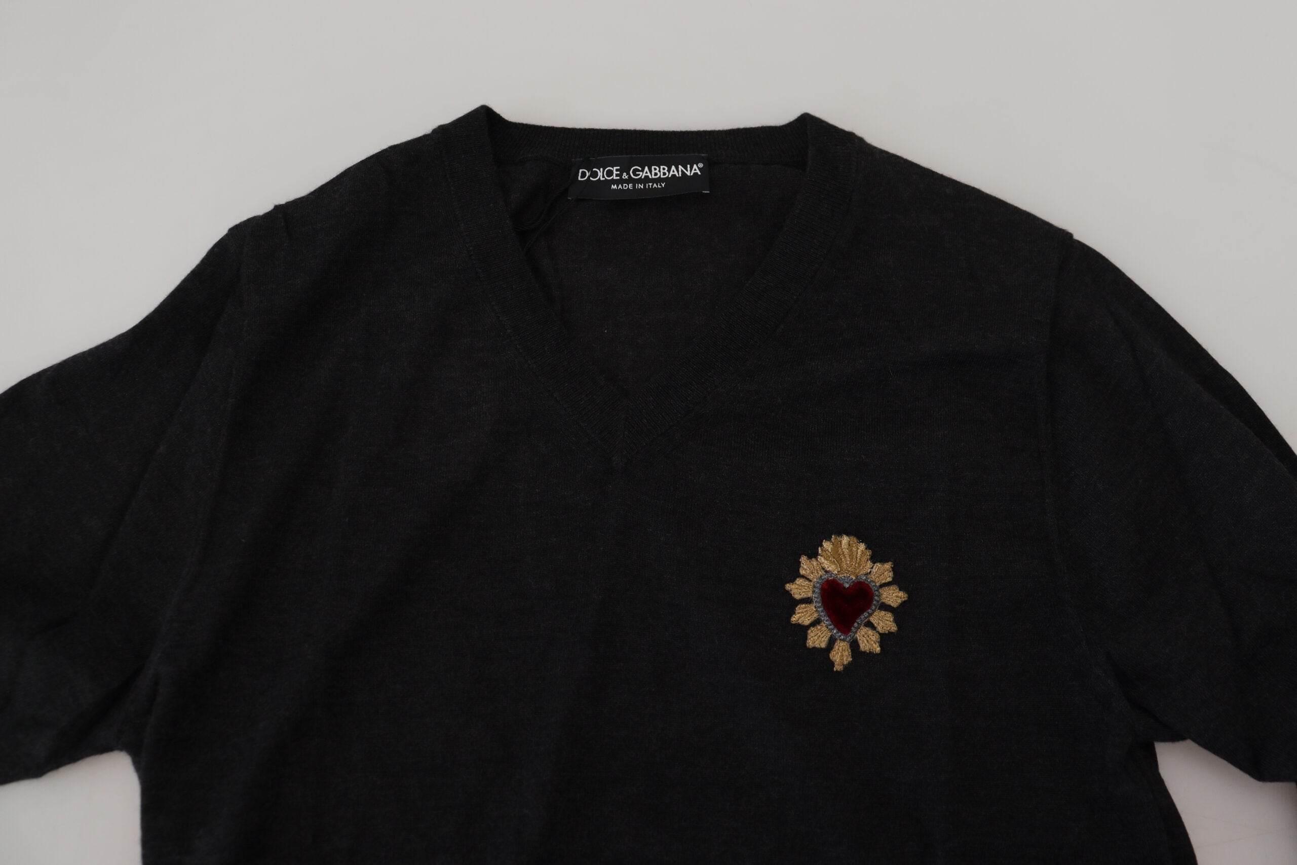 Dolce & Gabbana Gray Cashmere V-neck Gold Heart Sweater - Hilstor