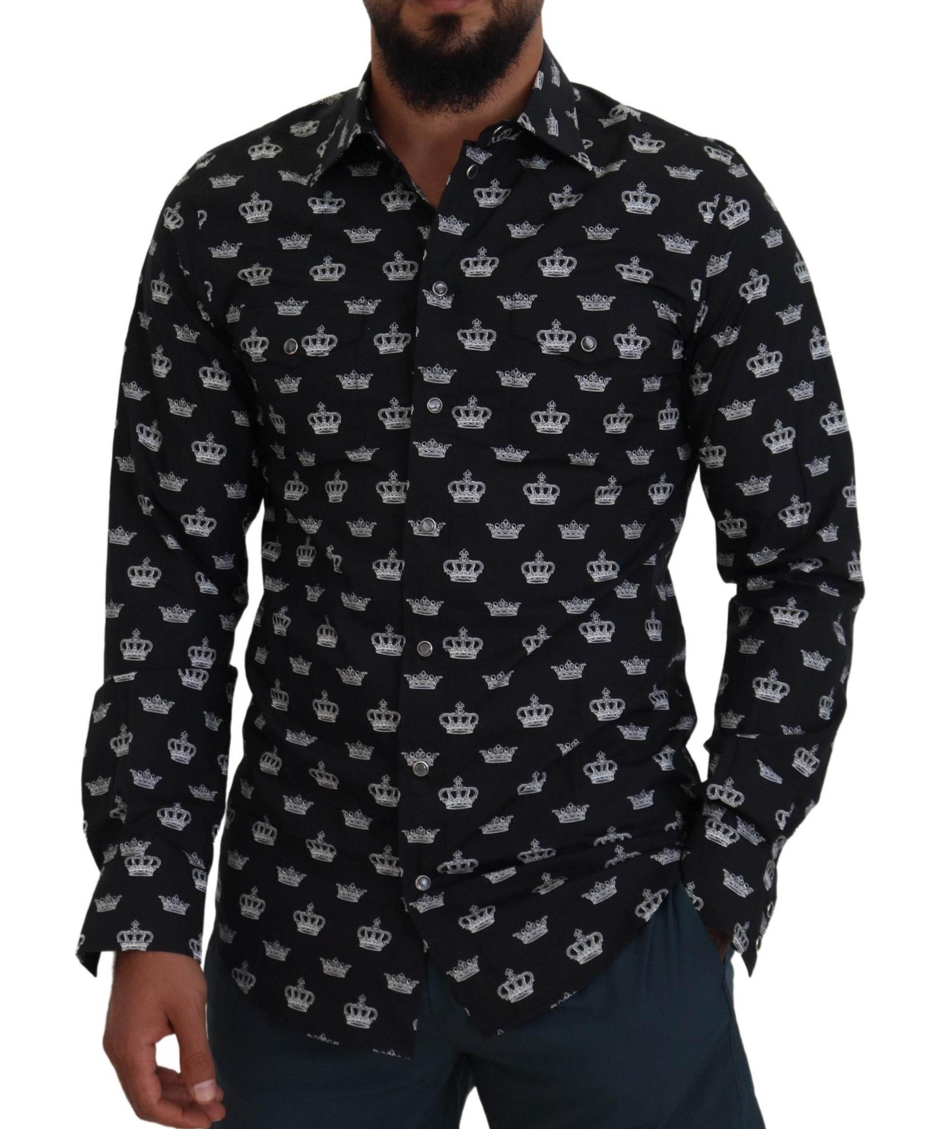 Dolce & Gabbana Black Crown Print GOLD Slim Shirt - Hilstor