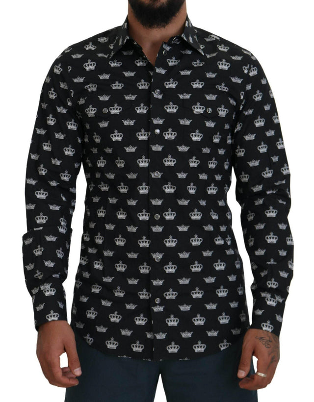 Dolce & Gabbana Black Crown Print GOLD Slim Shirt - Hilstor