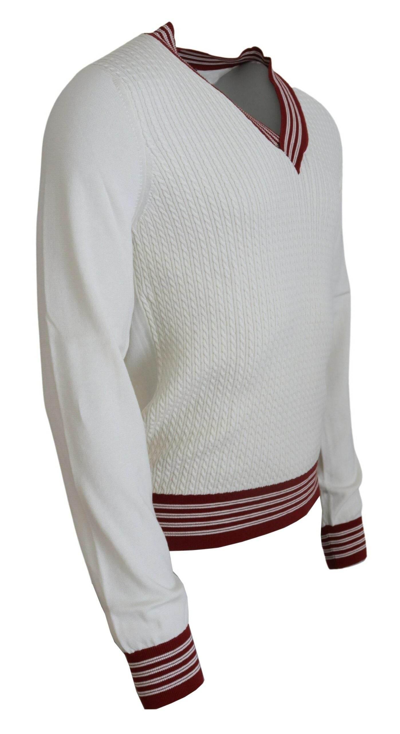 Dolce & Gabbana White Red Knitted V-neck Pullover Sweater - Hilstor