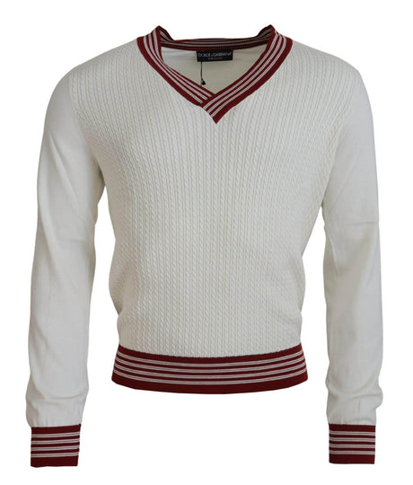 Dolce & Gabbana White Red Knitted V-neck Pullover Sweater - Hilstor