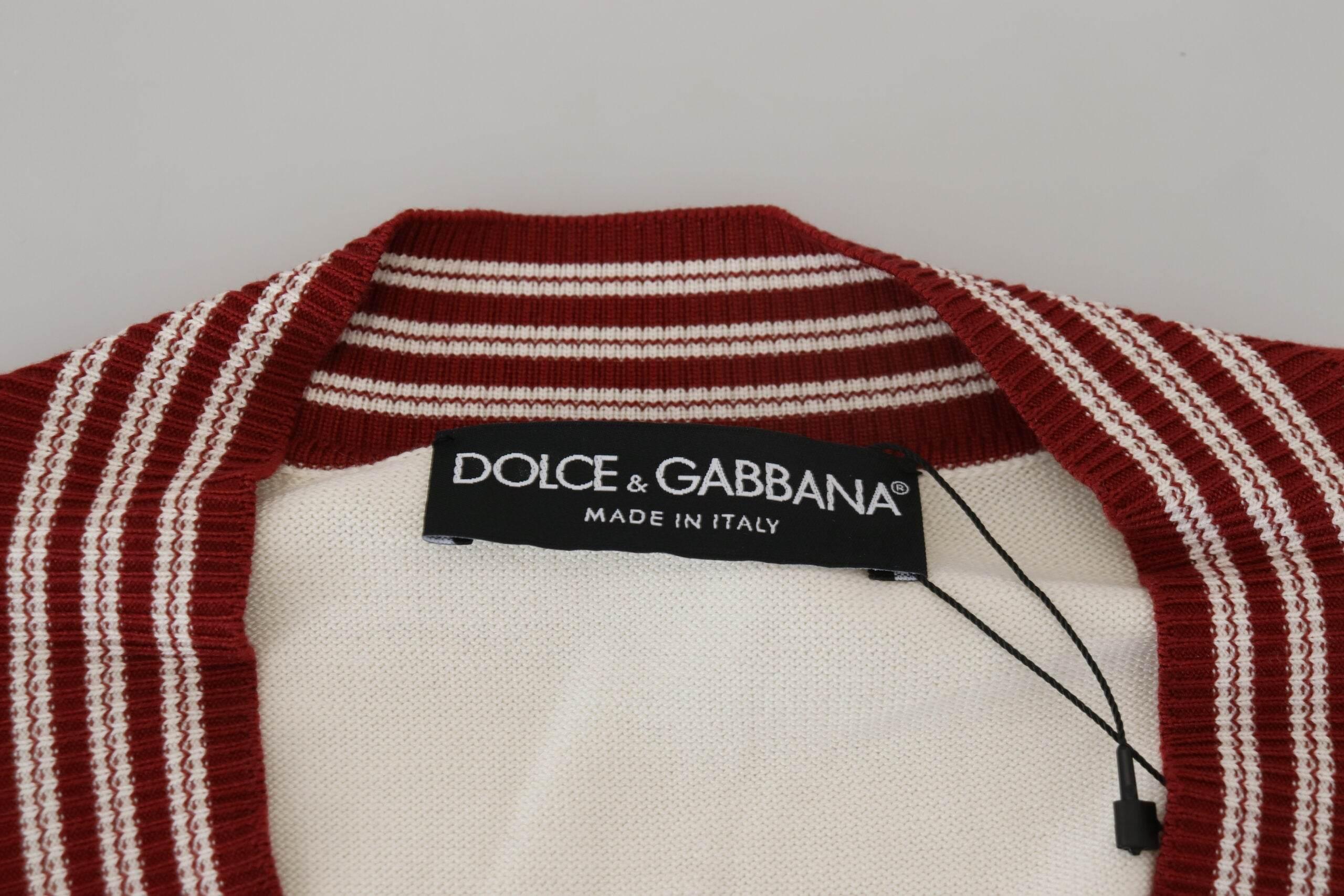 Dolce & Gabbana White Red Knitted V-neck Pullover Sweater - Hilstor