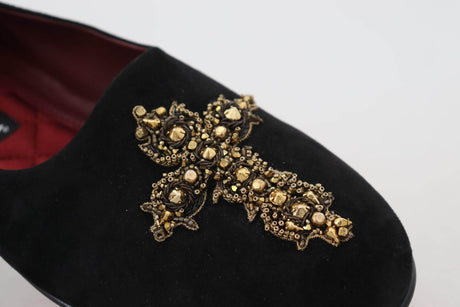 Dolce & Gabbana Black Gold Crystal Sequined Loafers - Hilstor