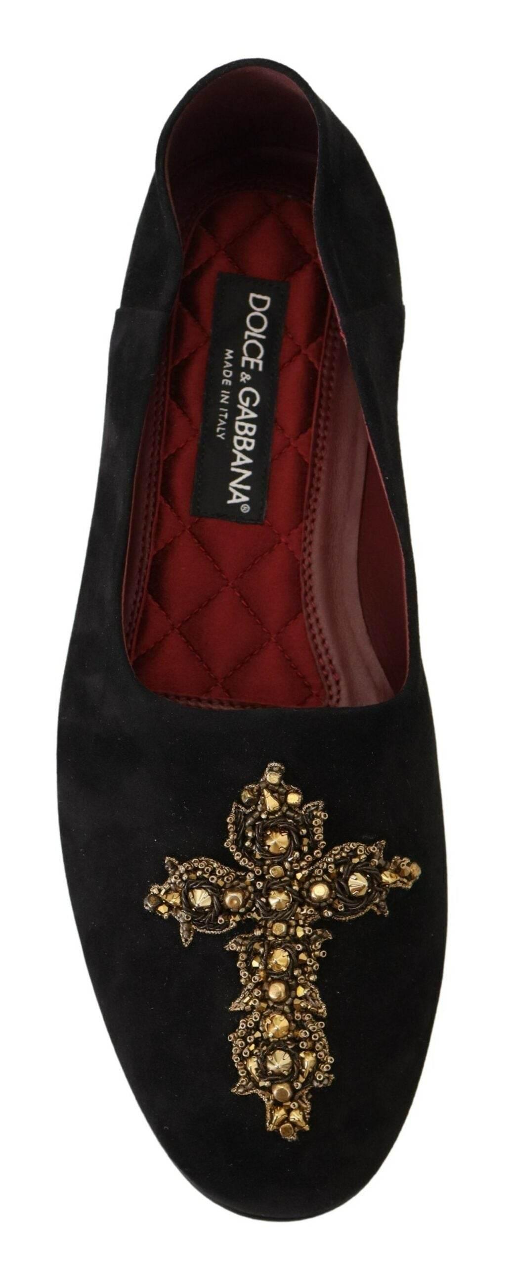Dolce & Gabbana Black Gold Crystal Sequined Loafers - Hilstor