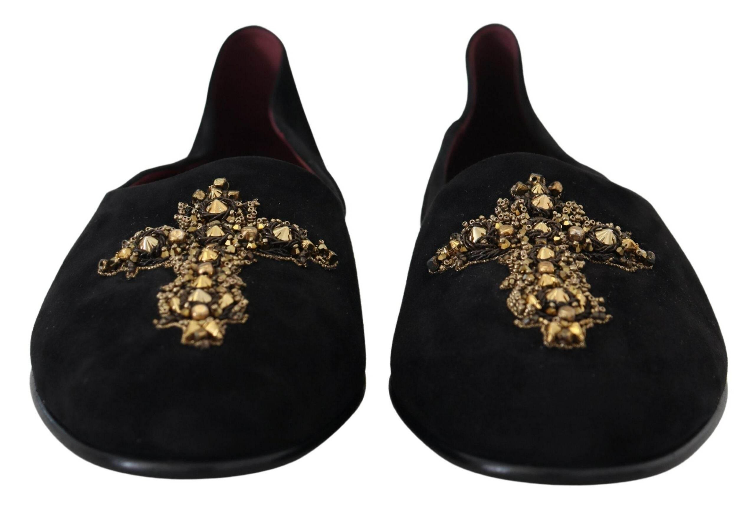 Dolce & Gabbana Black Gold Crystal Sequined Loafers - Hilstor