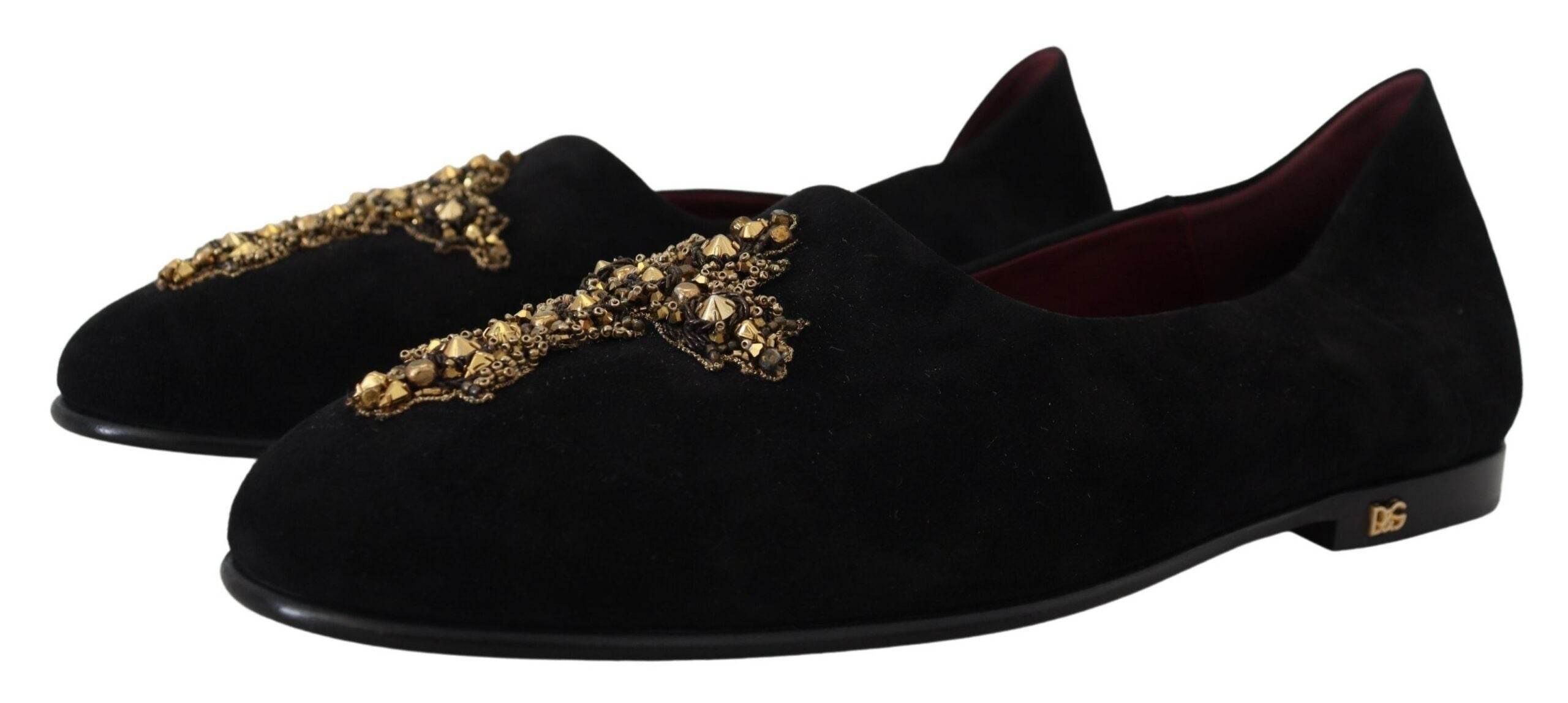 Dolce & Gabbana Black Gold Crystal Sequined Loafers - Hilstor