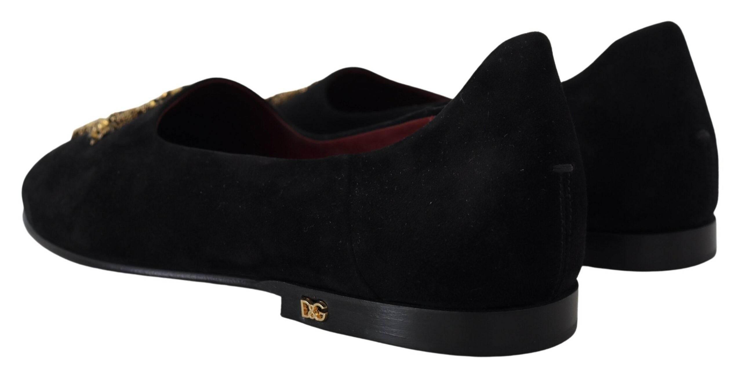 Dolce & Gabbana Black Gold Crystal Sequined Loafers - Hilstor