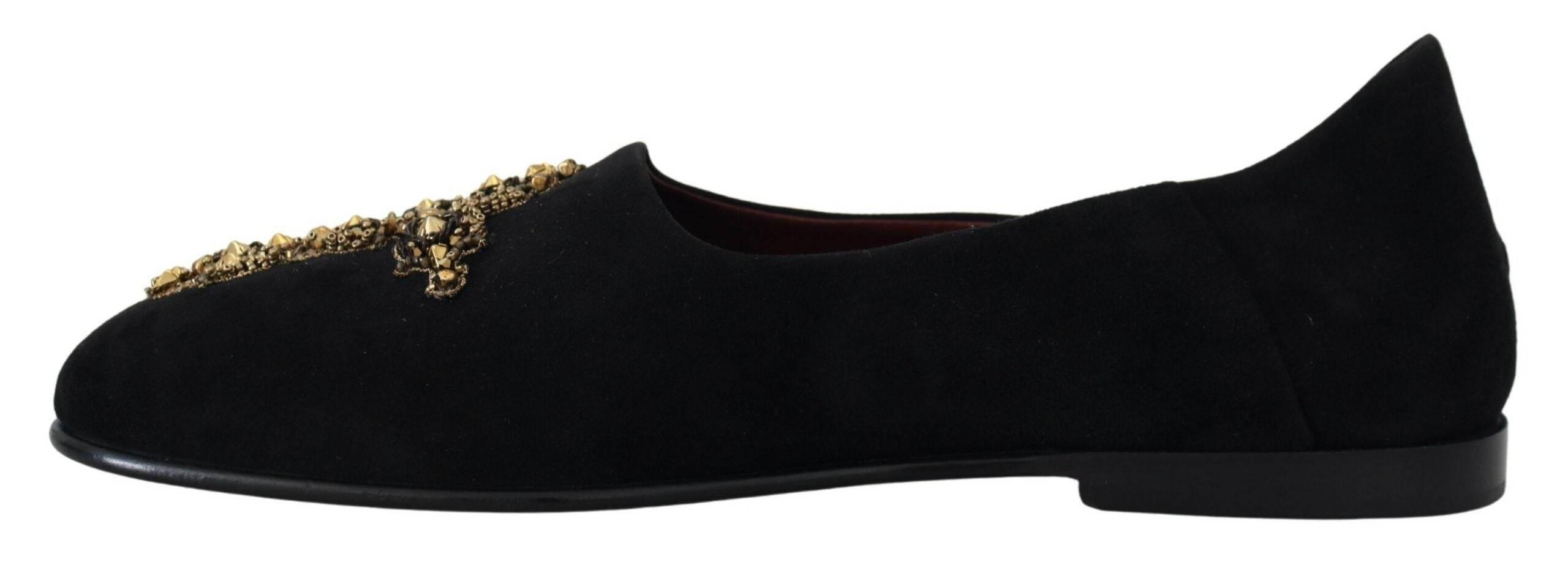 Dolce & Gabbana Black Gold Crystal Sequined Loafers - Hilstor