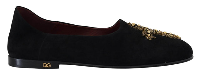 Dolce & Gabbana Black Gold Crystal Sequined Loafers - Hilstor