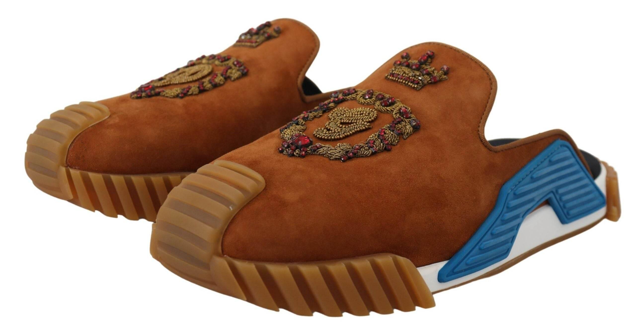 Dolce & Gabbana Beaded Elegance Suede Slides in Beige - Hilstor