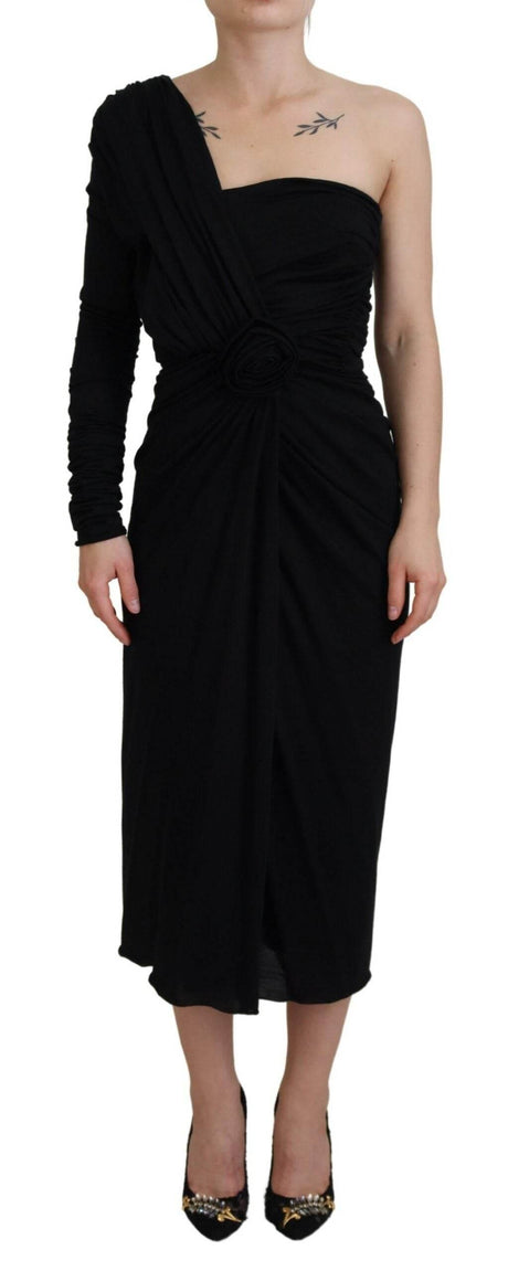Dolce & Gabbana Black Wrap Sheath One Shoulder Wool Dress - Hilstor