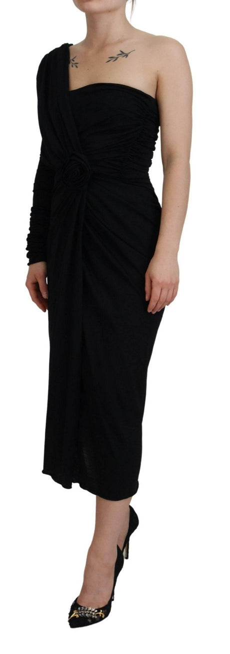 Dolce & Gabbana Black Wrap Sheath One Shoulder Wool Dress - Hilstor