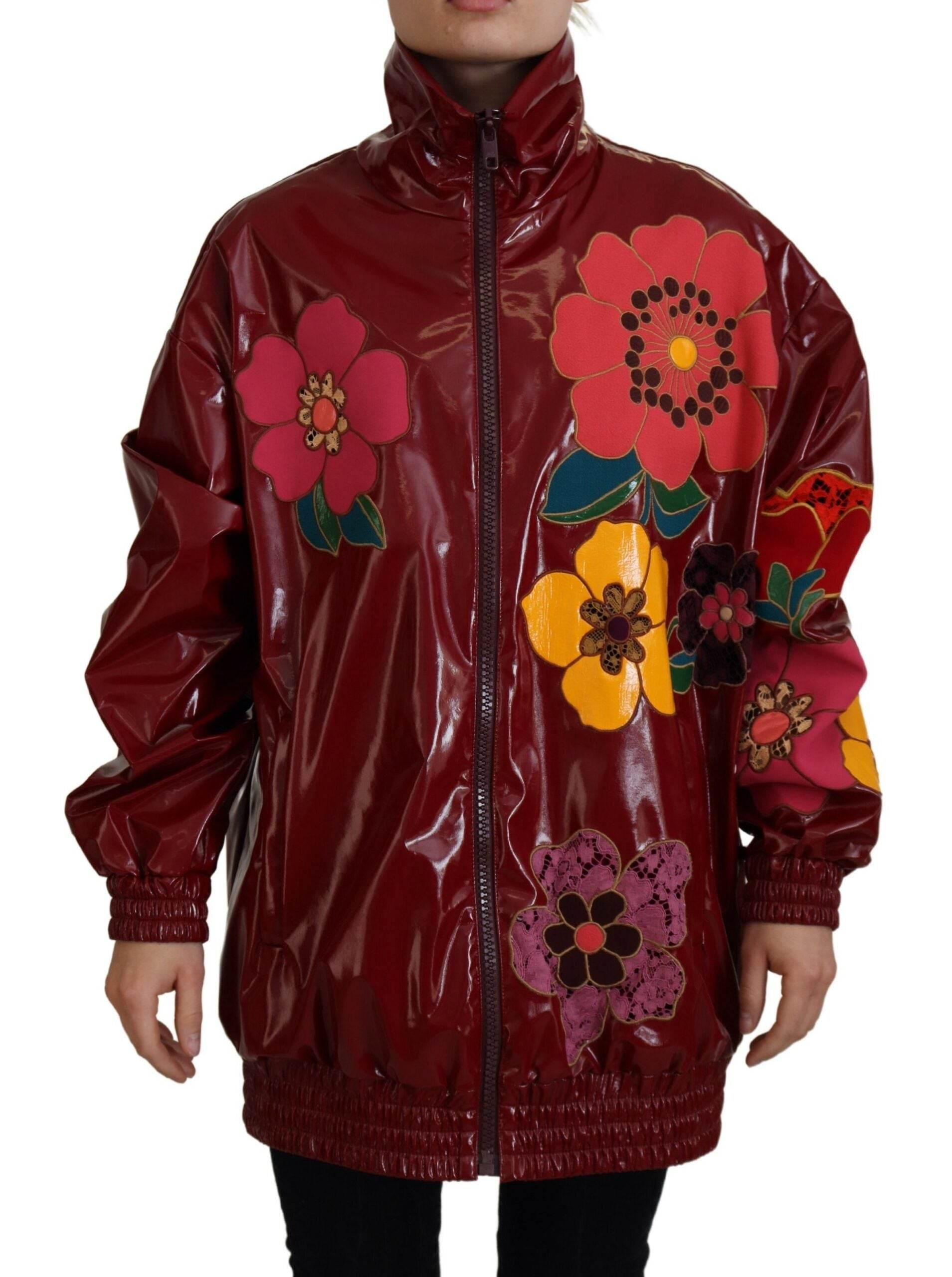 Dolce & Gabbana Maroon Floral Full Zip Polyester Women Jacket - Hilstor