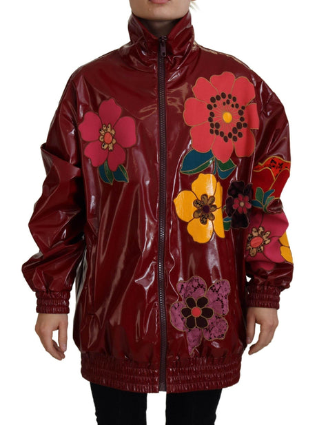 Dolce & Gabbana Maroon Floral Full Zip Polyester Women Jacket - Hilstor