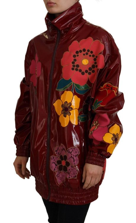 Dolce & Gabbana Maroon Floral Full Zip Polyester Women Jacket - Hilstor