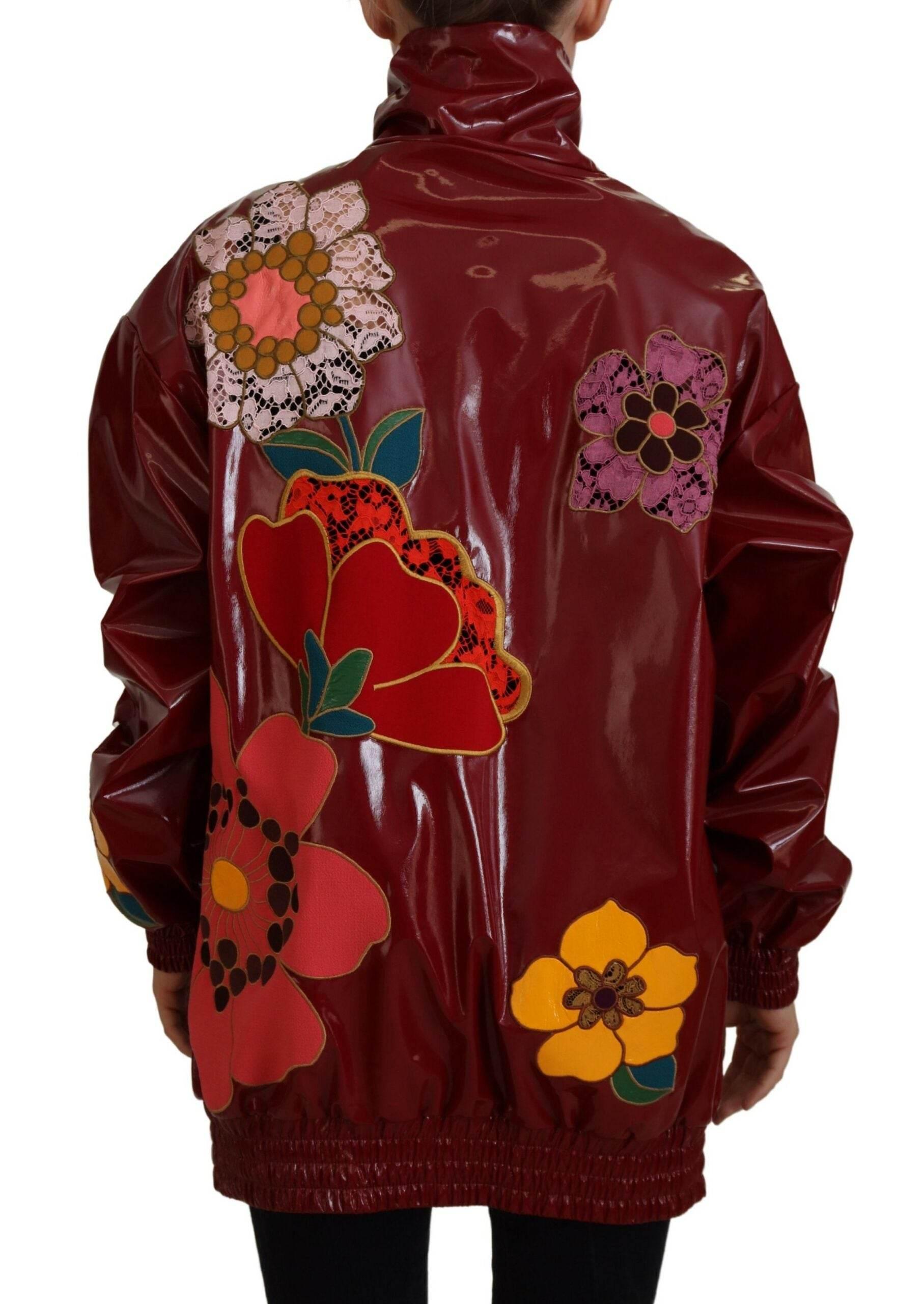 Dolce & Gabbana Maroon Floral Full Zip Polyester Women Jacket - Hilstor