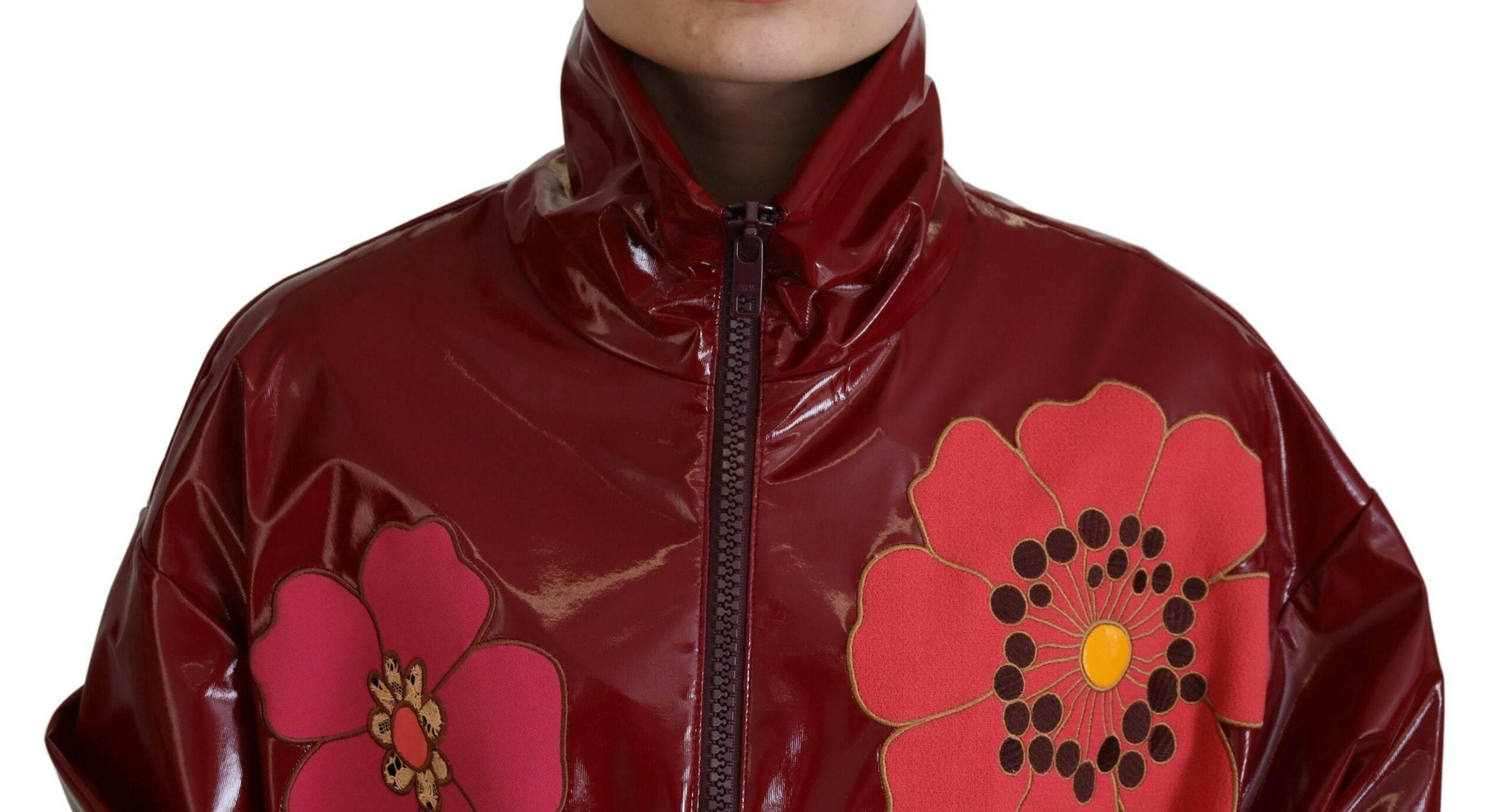Dolce & Gabbana Maroon Floral Full Zip Polyester Women Jacket - Hilstor