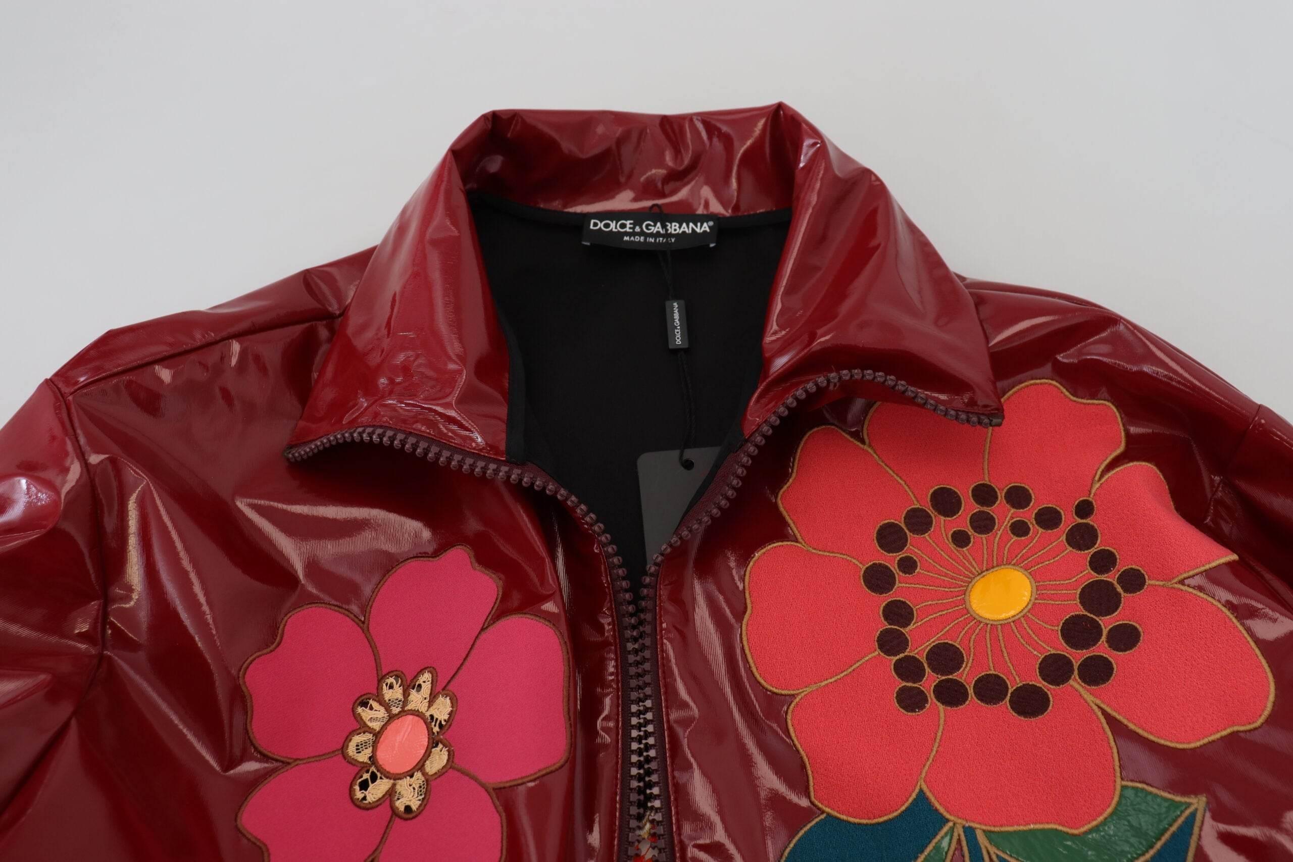 Dolce & Gabbana Maroon Floral Full Zip Polyester Women Jacket - Hilstor