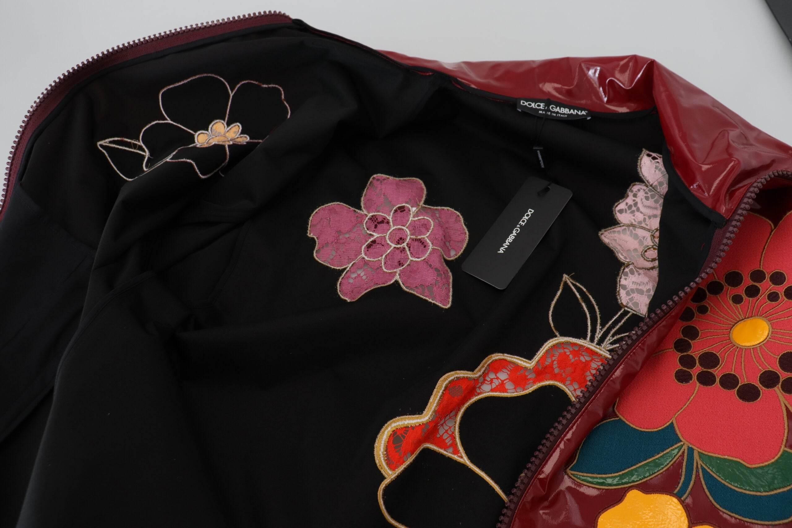 Dolce & Gabbana Maroon Floral Full Zip Polyester Women Jacket - Hilstor
