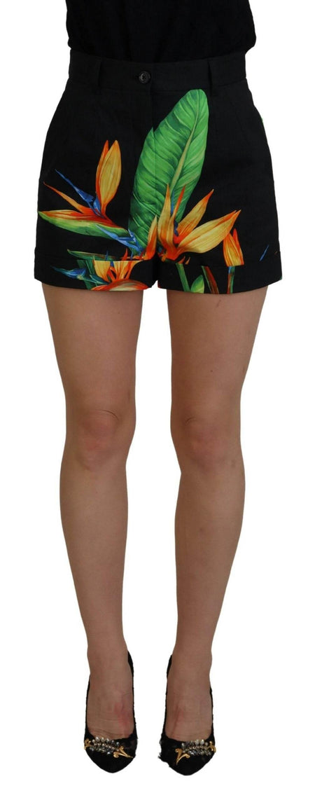 Dolce & Gabbana High Waist Hot Pants Shorts in Black Leaves Print - Hilstor