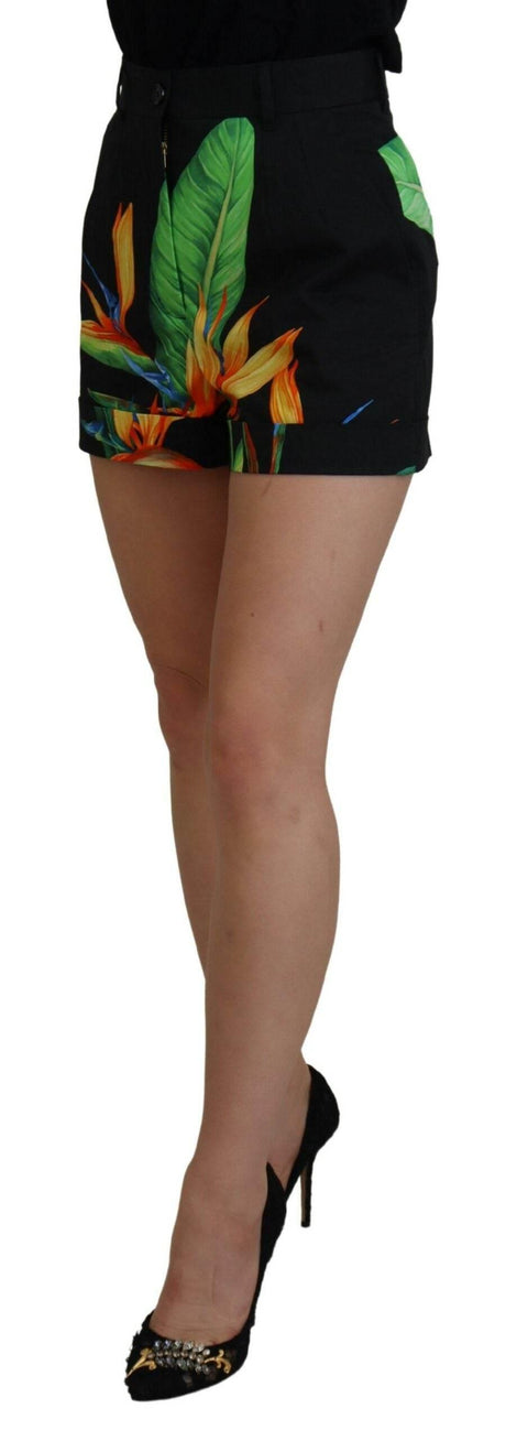 Dolce & Gabbana High Waist Hot Pants Shorts in Black Leaves Print - Hilstor
