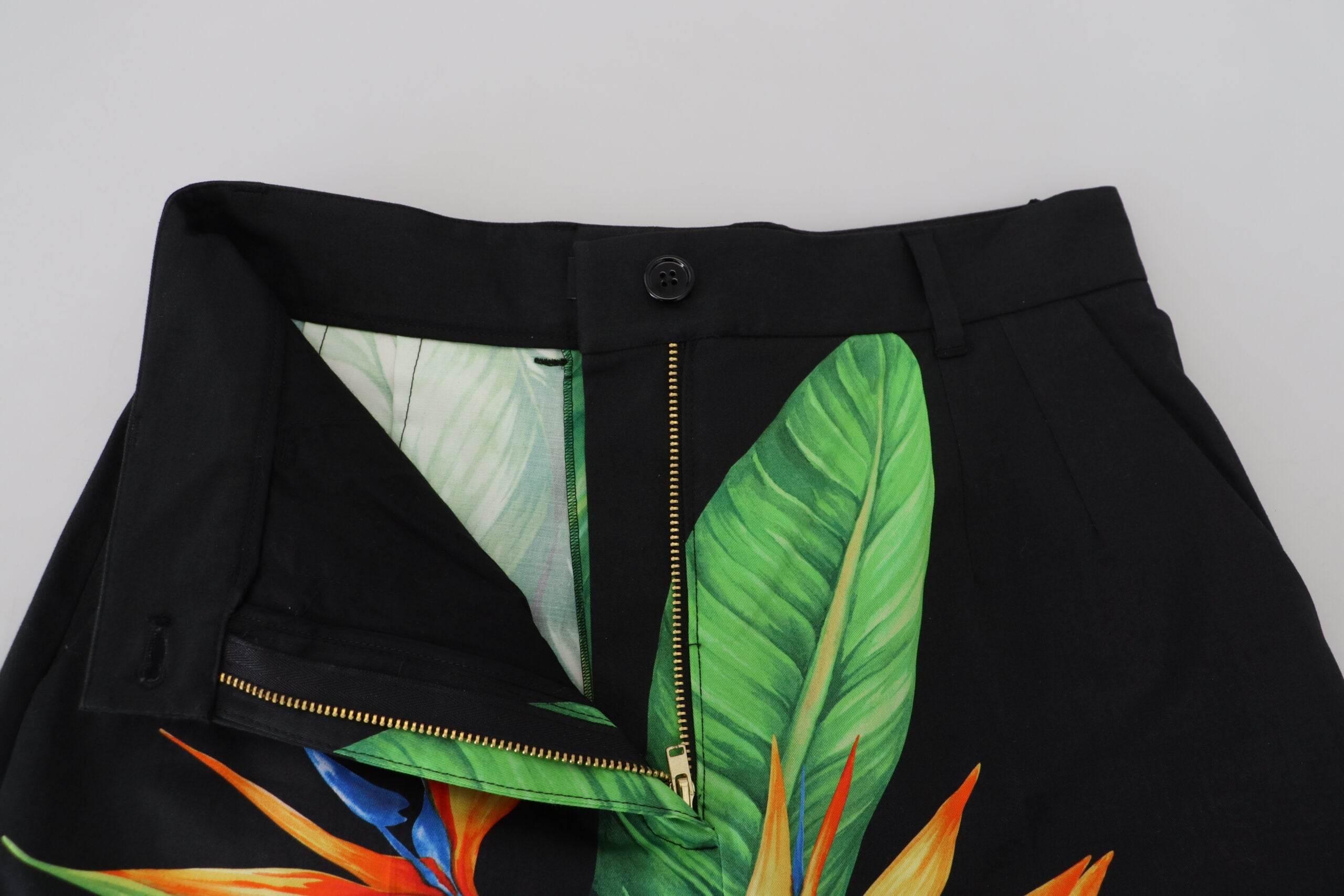 Dolce & Gabbana High Waist Hot Pants Shorts in Black Leaves Print - Hilstor