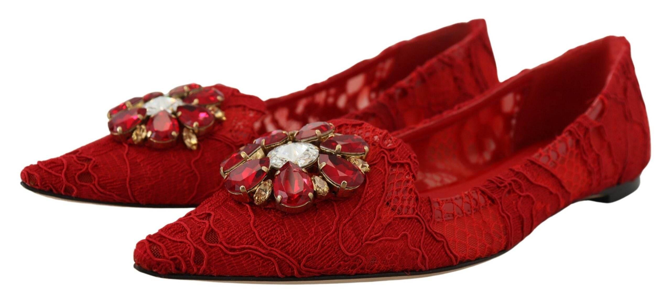 Dolce & Gabbana Red Crystal-Embellished Flats - Hilstor
