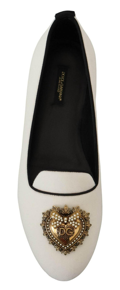 Dolce & Gabbana Elegant White Velvet Loafers with Gold Heart Detail - Hilstor