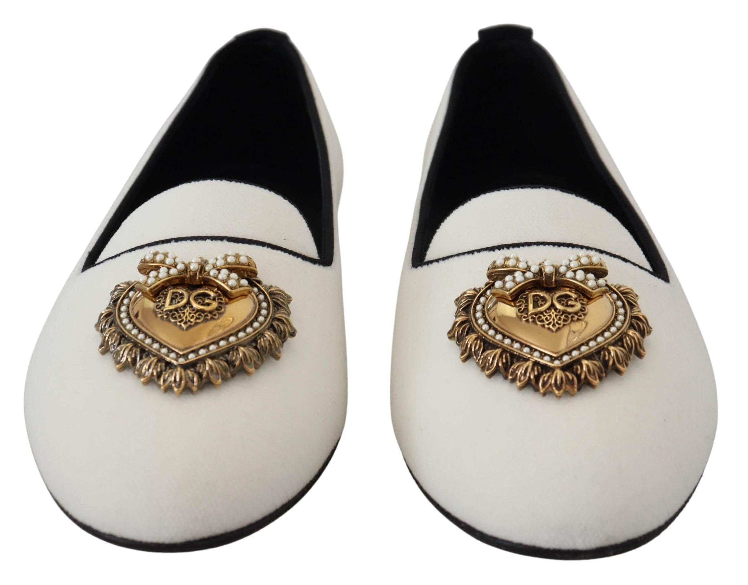 Dolce & Gabbana Elegant White Velvet Loafers with Gold Heart Detail - Hilstor
