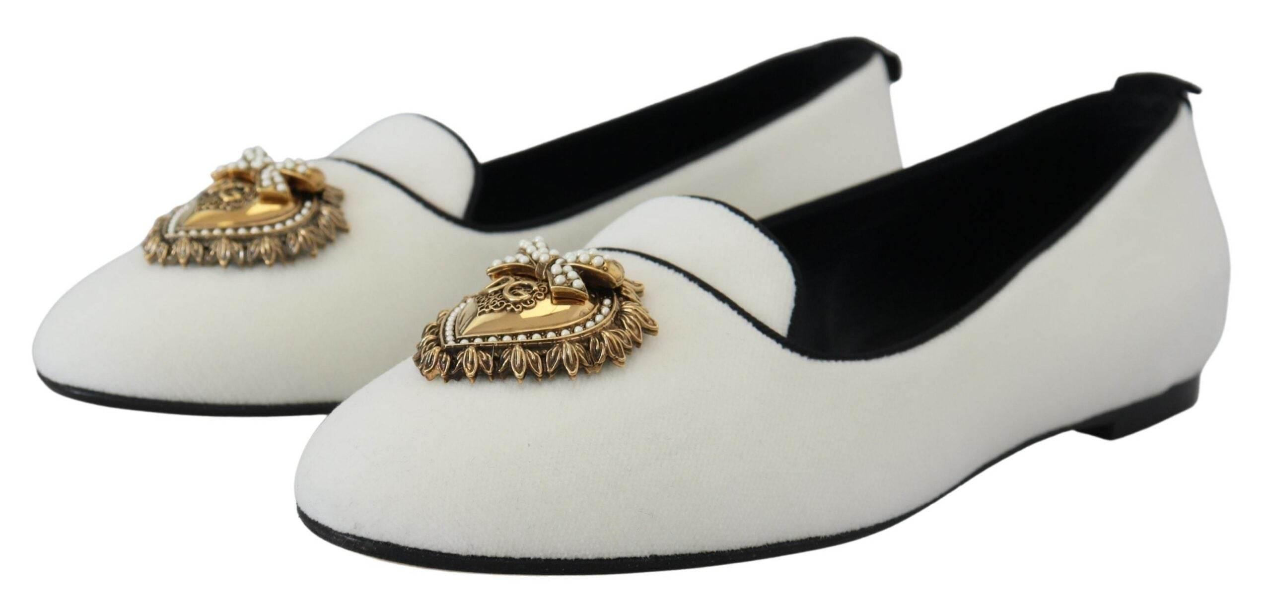 Dolce & Gabbana Elegant White Velvet Loafers with Gold Heart Detail - Hilstor