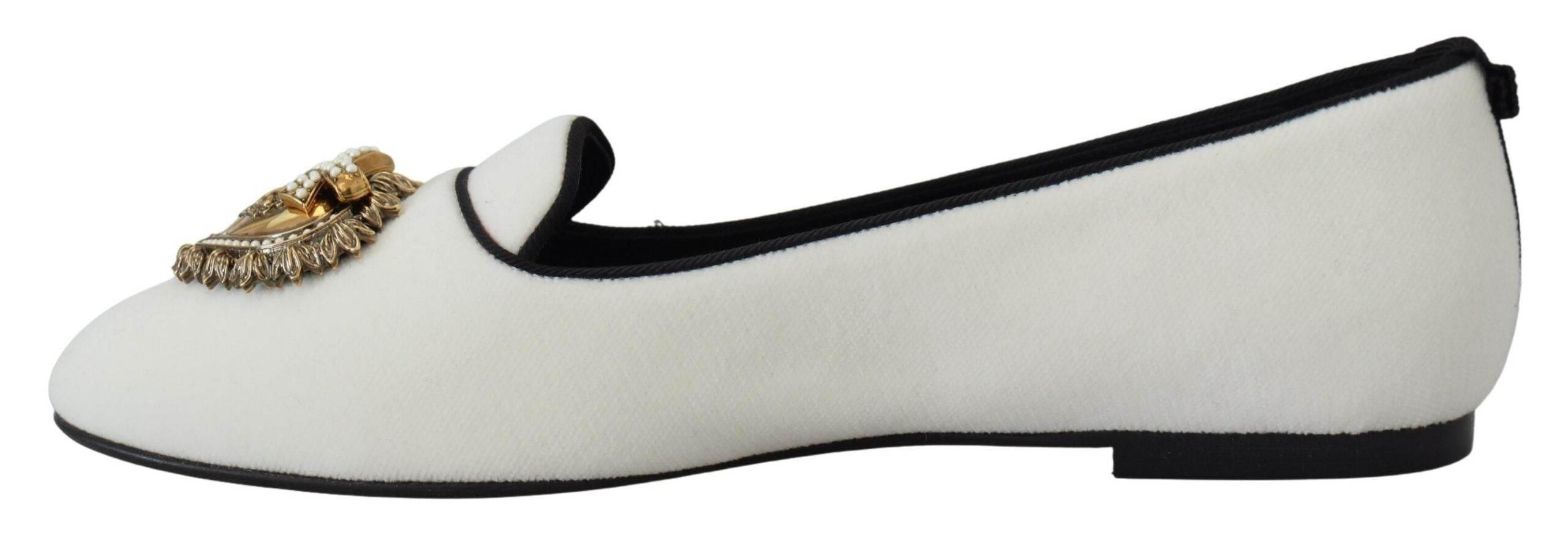 Dolce & Gabbana Elegant White Velvet Loafers with Gold Heart Detail - Hilstor