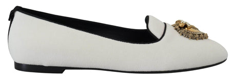 Dolce & Gabbana Elegant White Velvet Loafers with Gold Heart Detail - Hilstor
