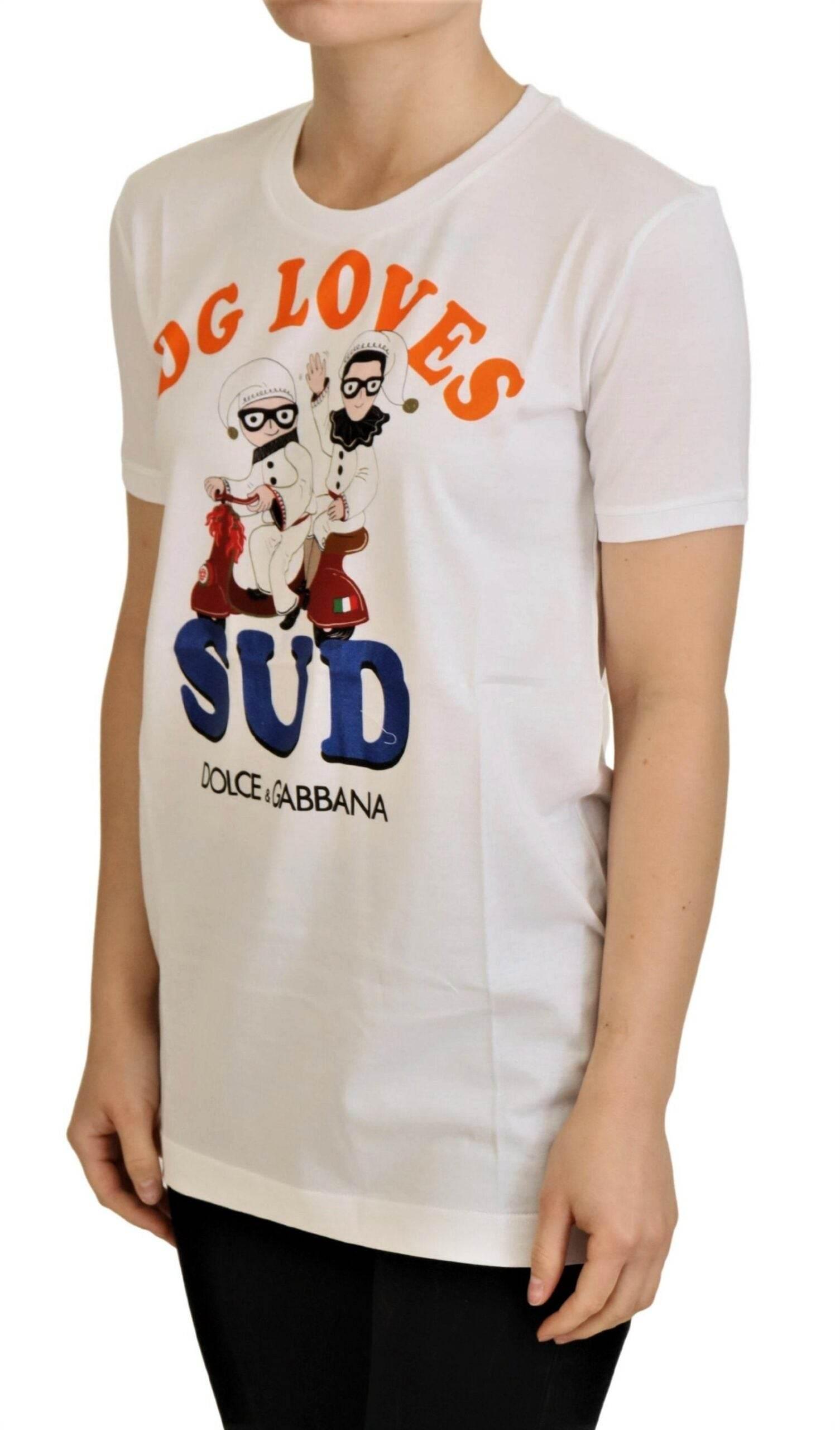 Dolce & Gabbana Elegant White Crew Neck Tee with Colorful Print - Hilstor