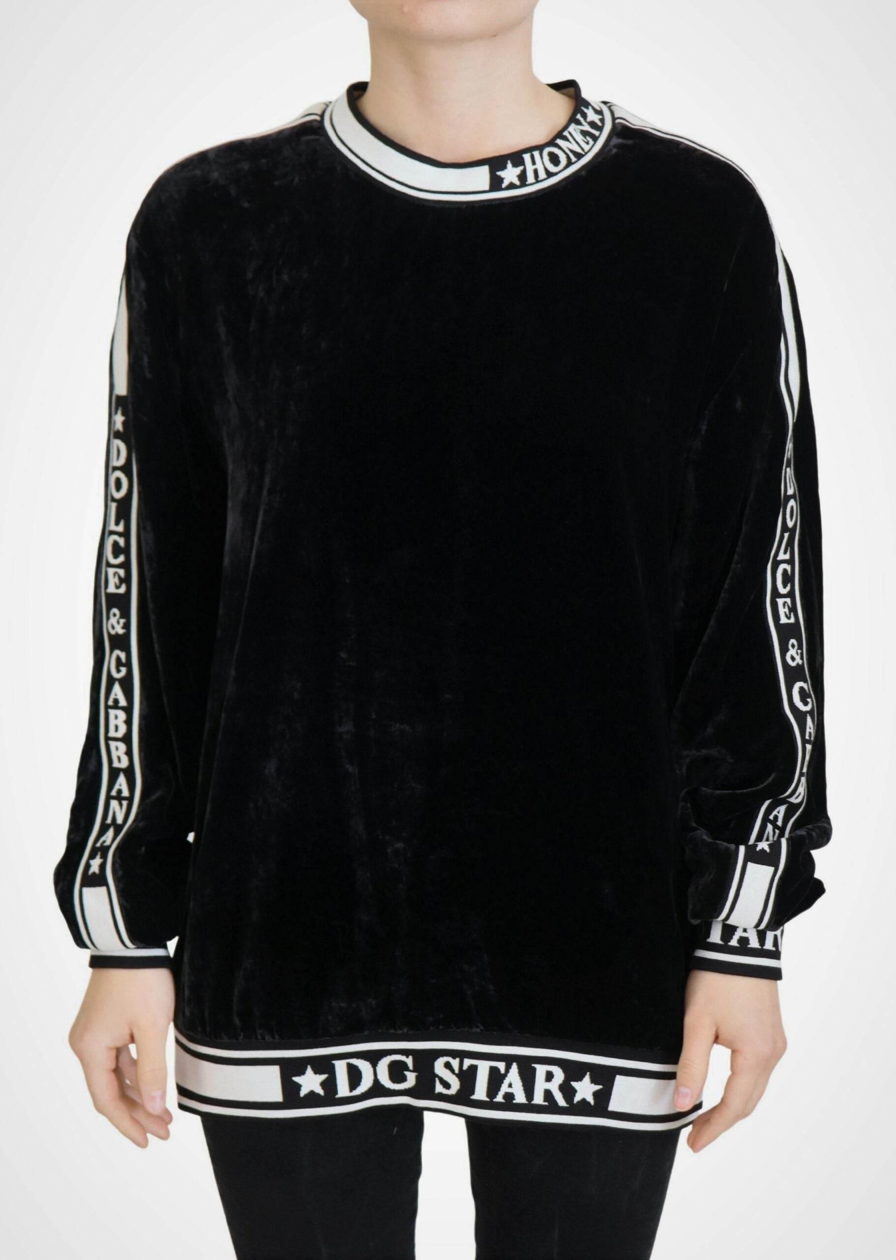 Dolce & Gabbana Black Velvet Crewneck Pullover Sweater - Hilstor