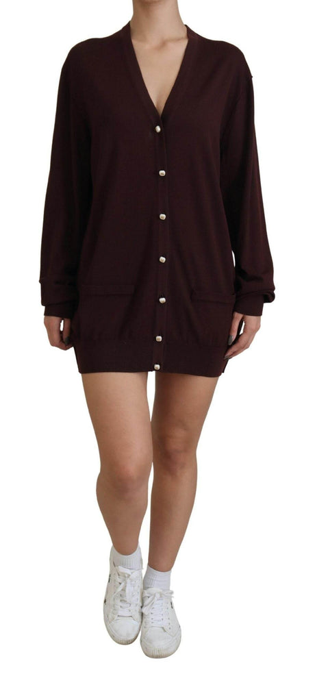 Dolce & Gabbana Maroon Wool Knit Deep V-neck Cardigan Sweater - Hilstor