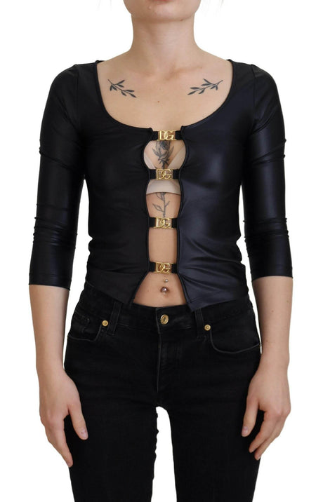 Dolce & Gabbana Black Cotton Stretch Open Chest 3/4 Sleeve Top - Hilstor