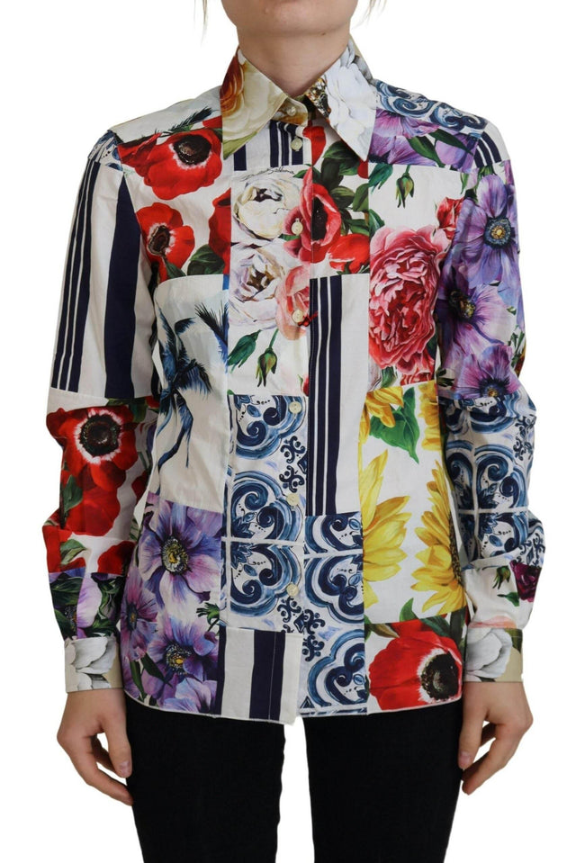 Dolce & Gabbana Multicolor Floral Cotton Collared Blouse Top - Hilstor