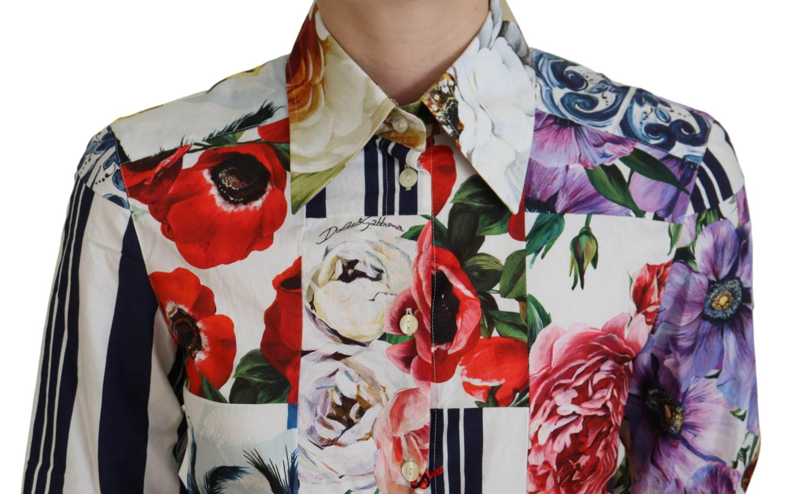 Dolce & Gabbana Multicolor Floral Cotton Collared Blouse Top - Hilstor