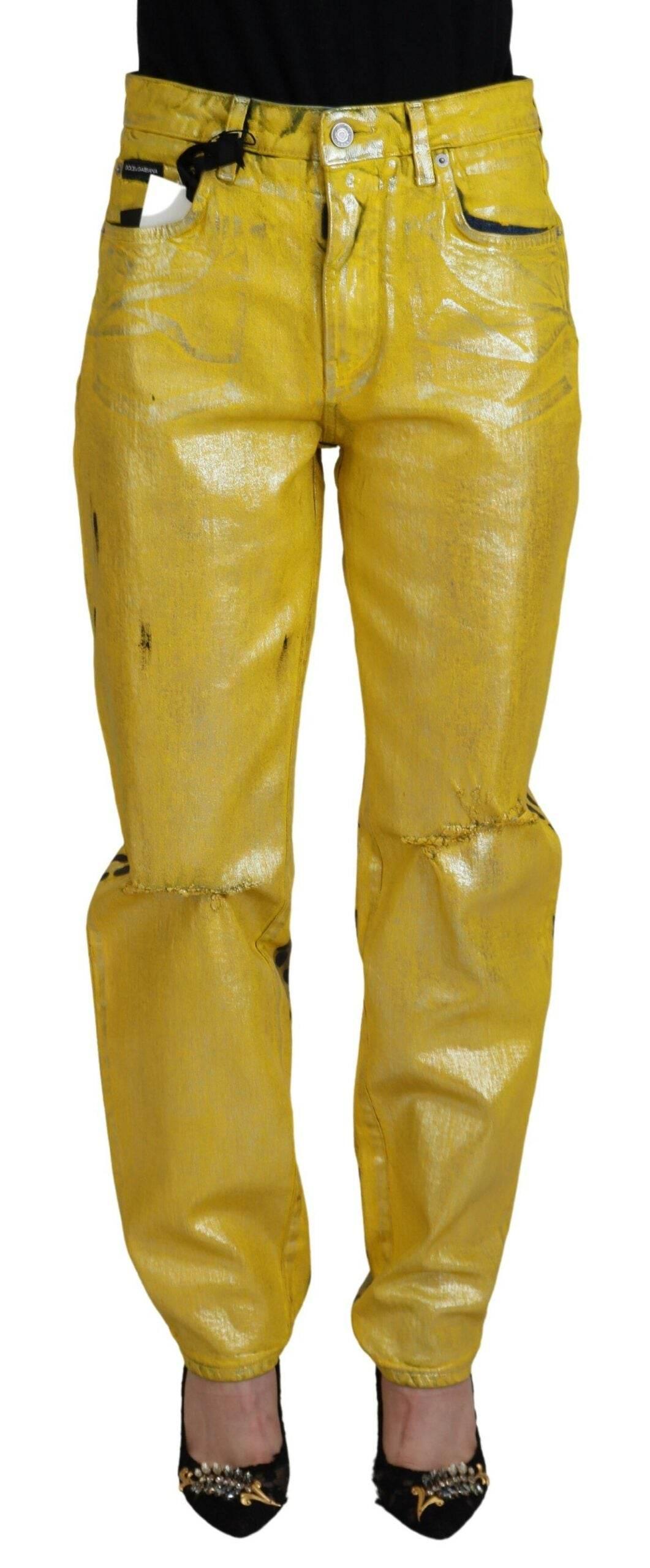 Dolce & Gabbana Yellow Leopard Cotton Straight Denim Jeans - Hilstor