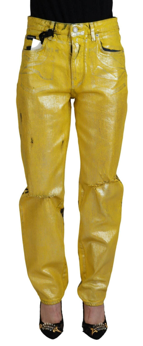 Dolce & Gabbana Yellow Leopard Cotton Straight Denim Jeans - Hilstor