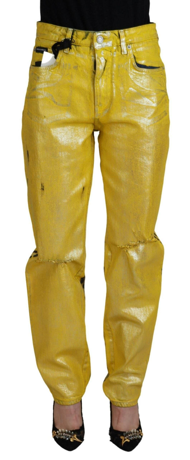 Dolce & Gabbana Yellow Leopard Cotton Straight Denim Jeans - Hilstor