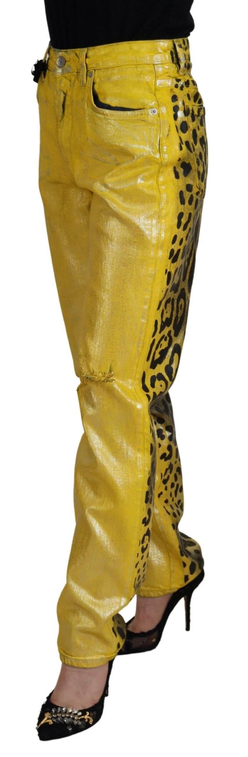 Dolce & Gabbana Yellow Leopard Cotton Straight Denim Jeans - Hilstor