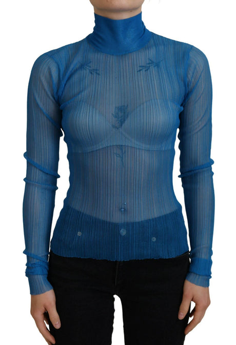 Dolce & Gabbana Blue Mesh Turtleneck Long Sleeve Blouse Top - Hilstor
