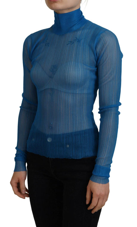 Dolce & Gabbana Blue Mesh Turtleneck Long Sleeve Blouse Top - Hilstor