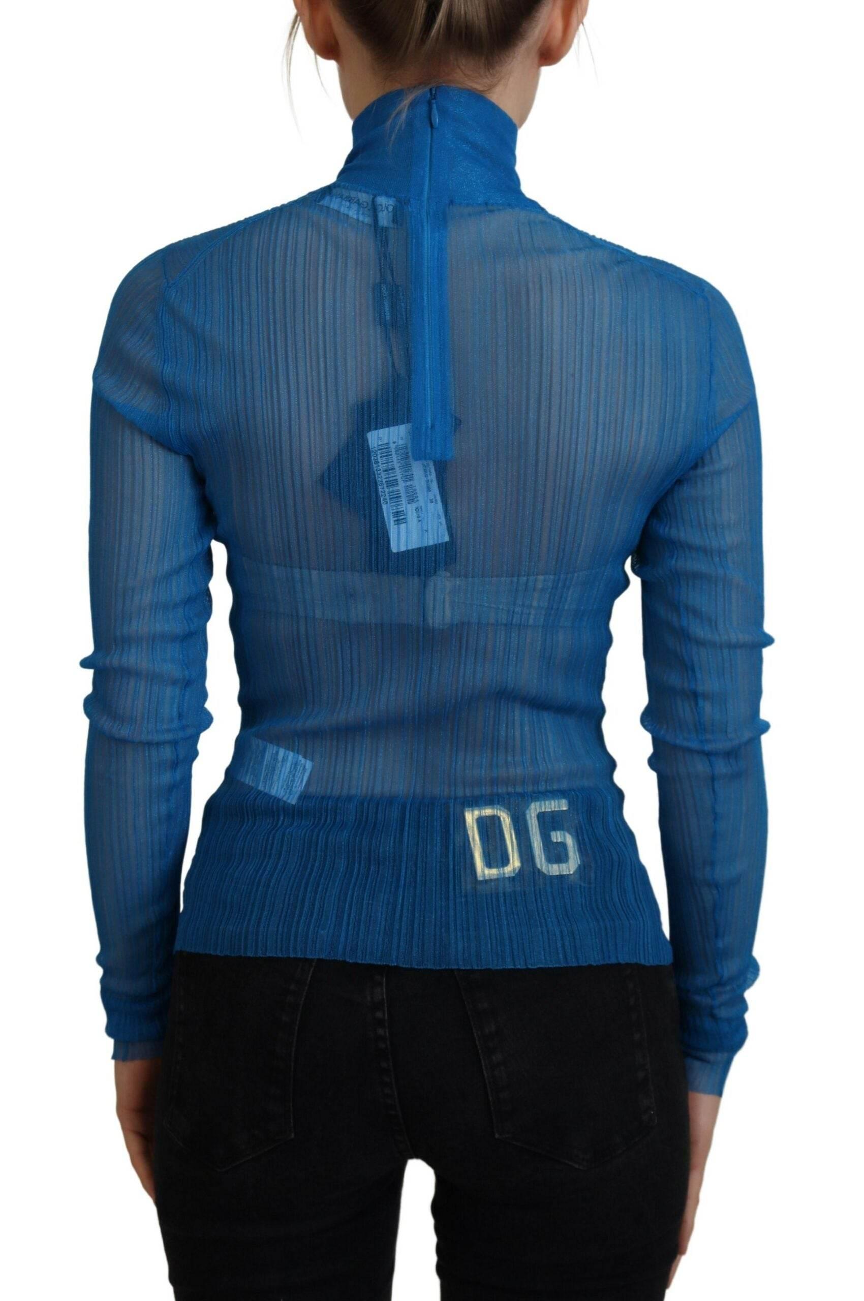 Dolce & Gabbana Blue Mesh Turtleneck Long Sleeve Blouse Top - Hilstor