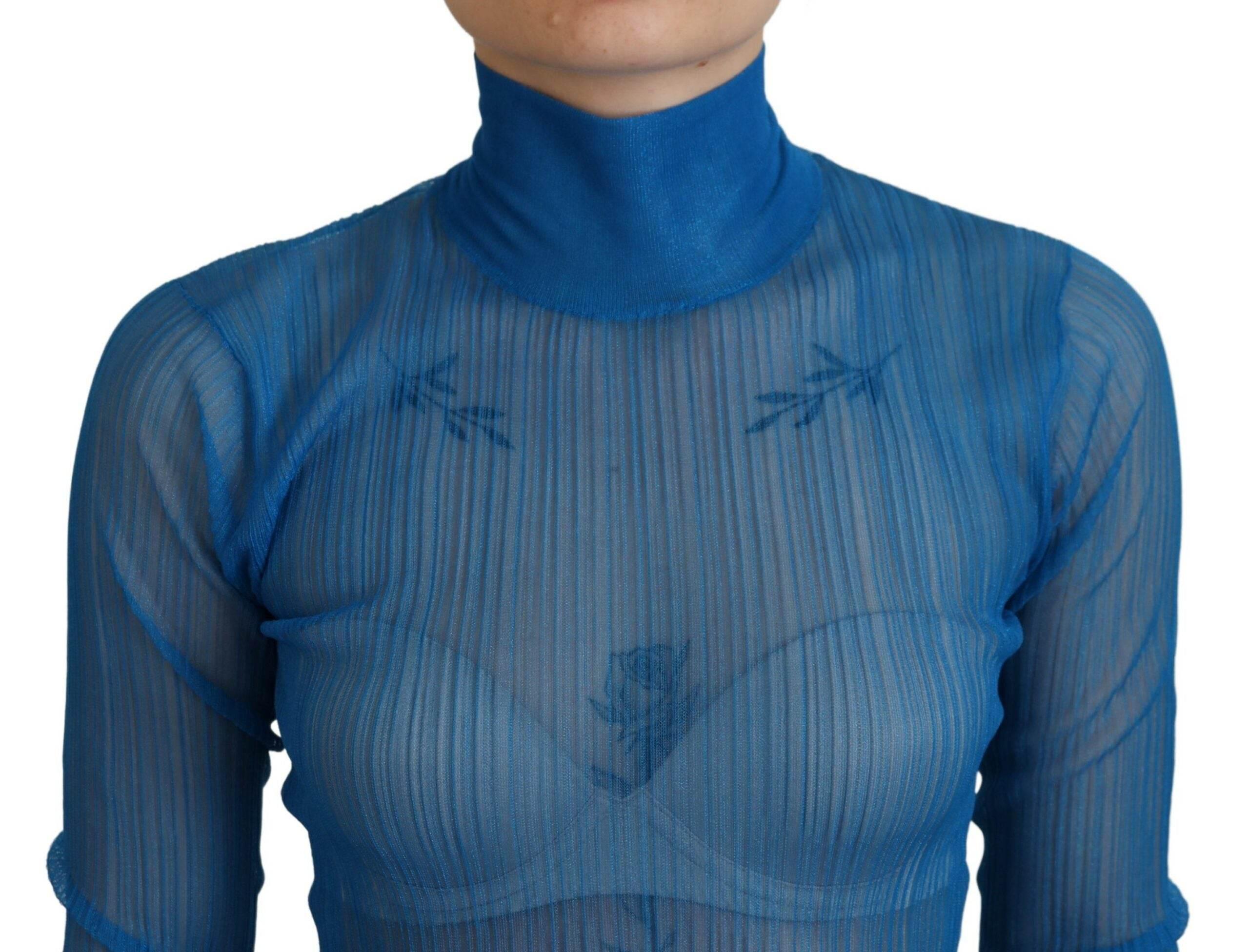 Dolce & Gabbana Blue Mesh Turtleneck Long Sleeve Blouse Top - Hilstor