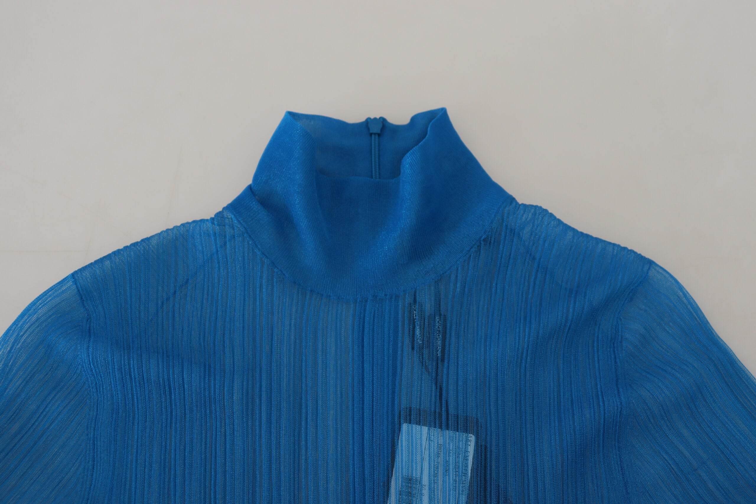 Dolce & Gabbana Blue Mesh Turtleneck Long Sleeve Blouse Top - Hilstor